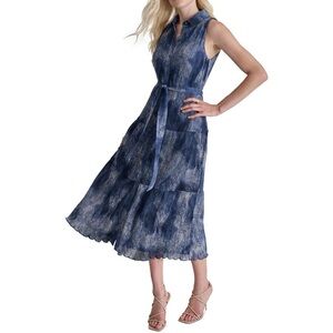 DKNY Indigo Pleated Chiffon Button Down Tiered Maxi Dress - Size 6 NWT